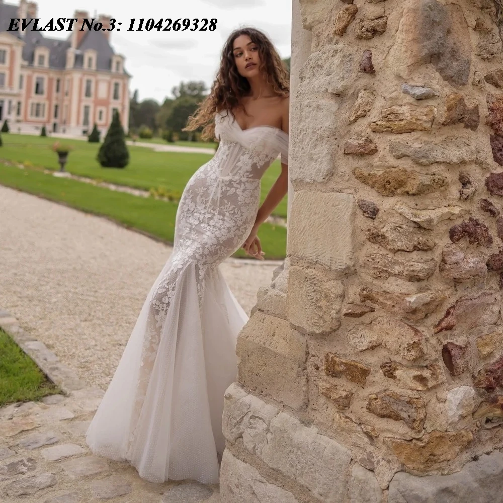 EVLAST Customized Vintage Mermaid Wedding Dress Off Shoulder Lace Applique Beaded Bridal Gown Robe De Mariee Vestidos E3W59