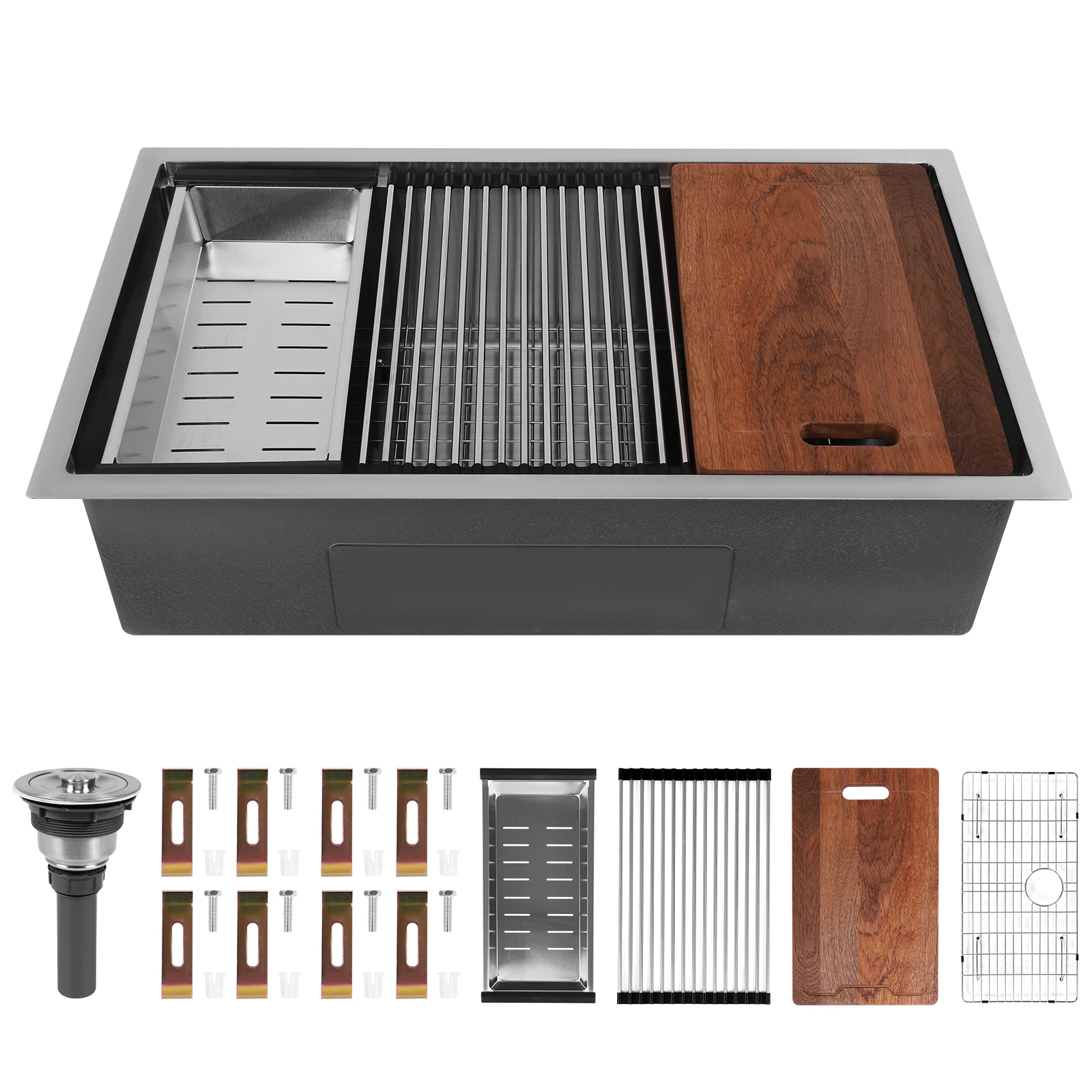 

16 Gauge Built-in Kitchen Sink Handmade 30/33 Inch Drop-In Sinks with Bottom Grid Basket Strainer Single Bowl Ledge Workstation