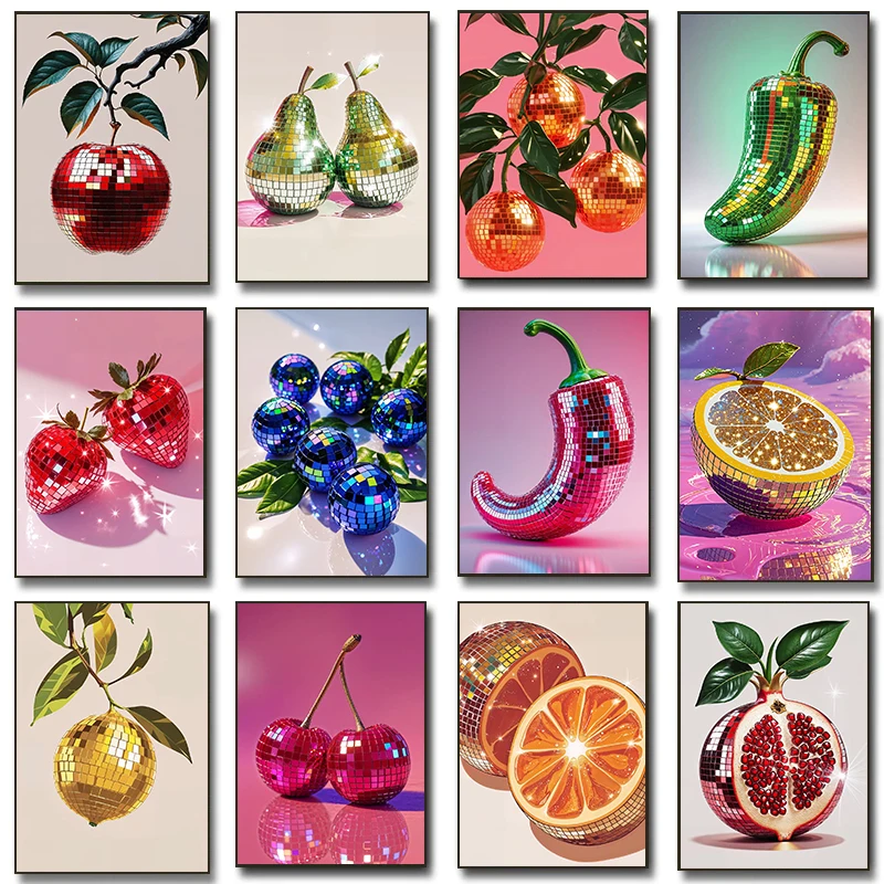 (2D Canvas Painting) Funky Disco Ball Fruits Posters Maximalist Kitchen Dopamine Strawberries Prints Canvas Painting Wall Art