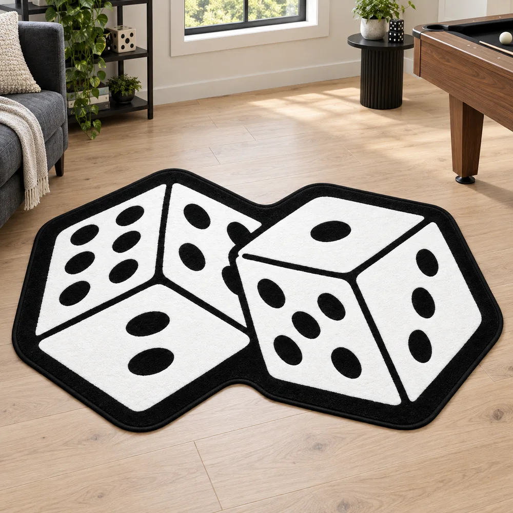 Black White Casino Dice Irregular Rug, Soft Flannel Non-Slip Floor Mat for Game Room Bedroom Man Cave Decor, Casino Lover Gift