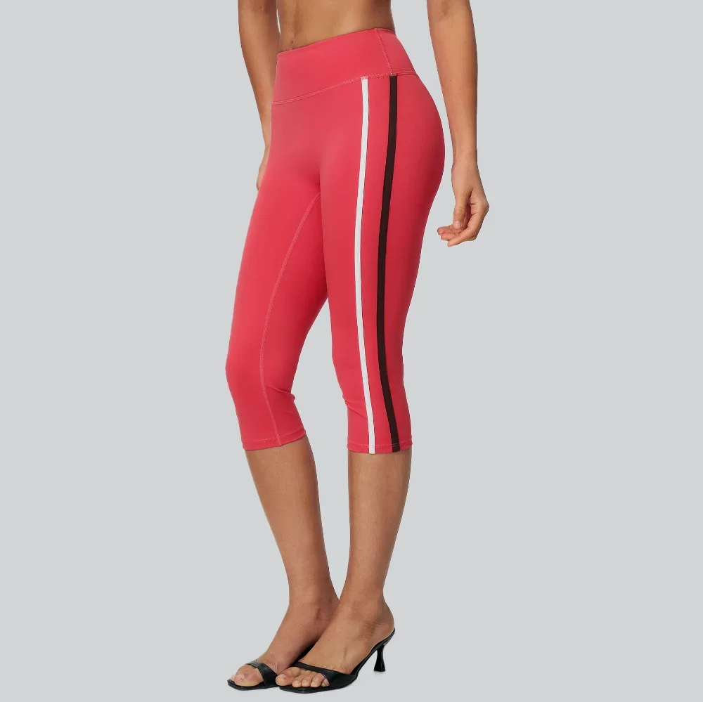 Women Yoga Capri Pants Fitness Leggings High Waist Sports Leggings Stripes Slim Gym Workout Running Tummy Control Athletic Pants