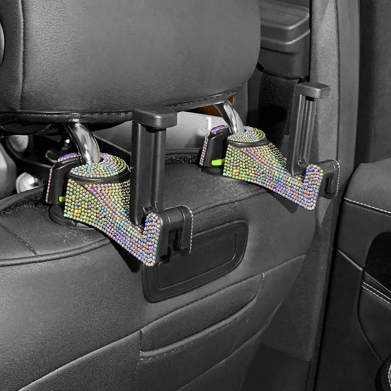 2Pcs Rhinestone Car Headrest Hook Phone Holder 2 In 1 Seat Back Hanger for Bag Handbag Purse Grocery Cloth Foldble Clips Storage