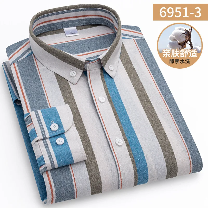 Autumn and Winter Oxford Spinning Stripe Cotton Men\'s Long sleeved Shirts with No Iron, High Quality for Middle and Young People