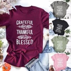 Dankbar dankbar gesegnet Feder druck Frauen T-Shirt Kurzarm o Hals lose Frauen T-Shirt Damen T-Shirt Tops Kleidung Mujer