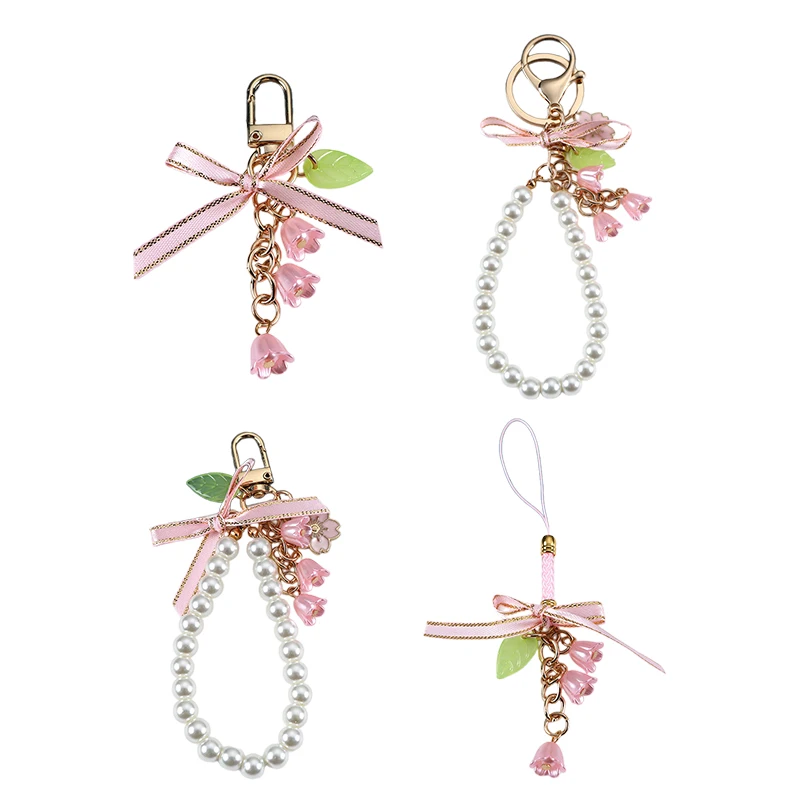 Sweet Pink Butterfly Knot Lily Flower Pearl Blossoms Key Chain Phone Pendant Car Key Ring Headphone Case Charms Bag Accessories