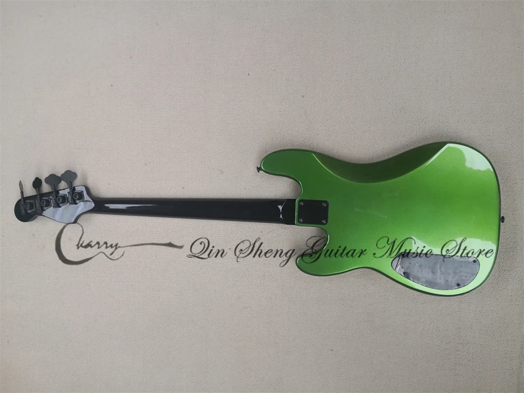 4 strings metal green bass guitar prec bass basswood body black neck blac head fixed bridge rosewood fingerboard