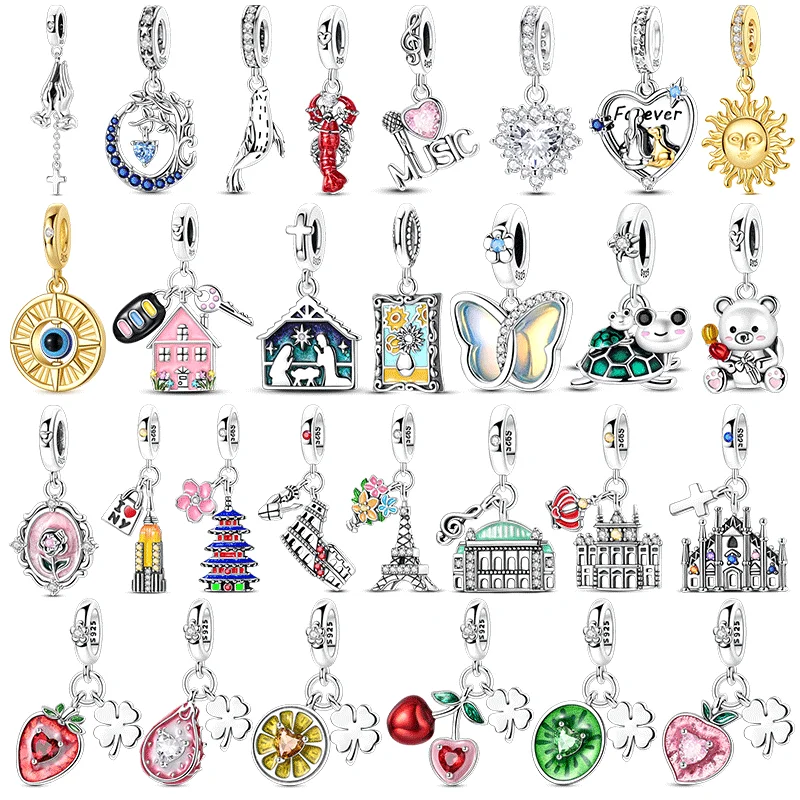 

925 Sterling Silver Scenic Spots Charms Bead Clover Fruit Golden Sun Pendants Fit Original Bracelet Jewelry DIY Marking Gift