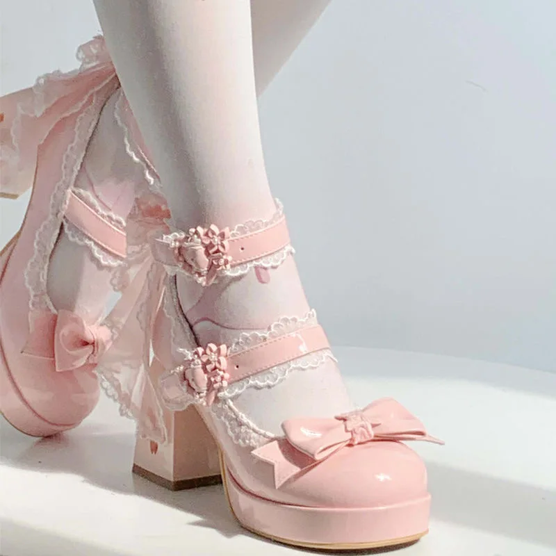 Lolita shoes sweet bow Mary Jane Lolita shoes cherry blossom Lolita high heels