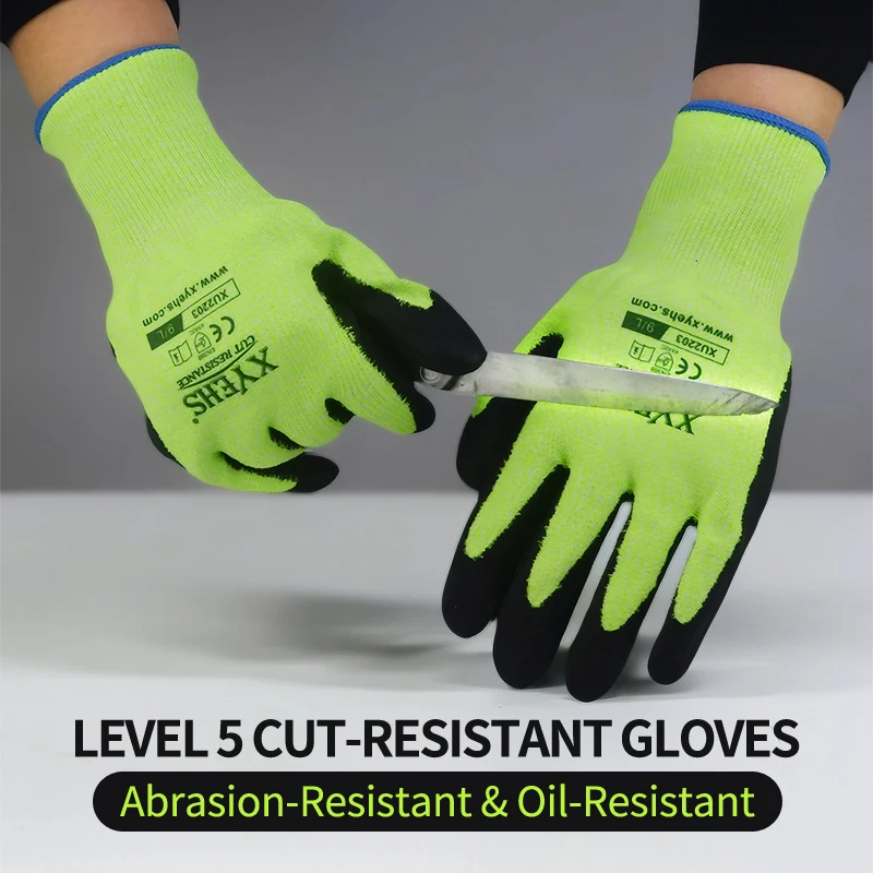 XYEHS XU2203 1 Pair Level 5 Anti-Cut Safety Work Gloves 13 Gauge HPPE with Nitrile Palm Coating Anti-Scratch Cut Resistant