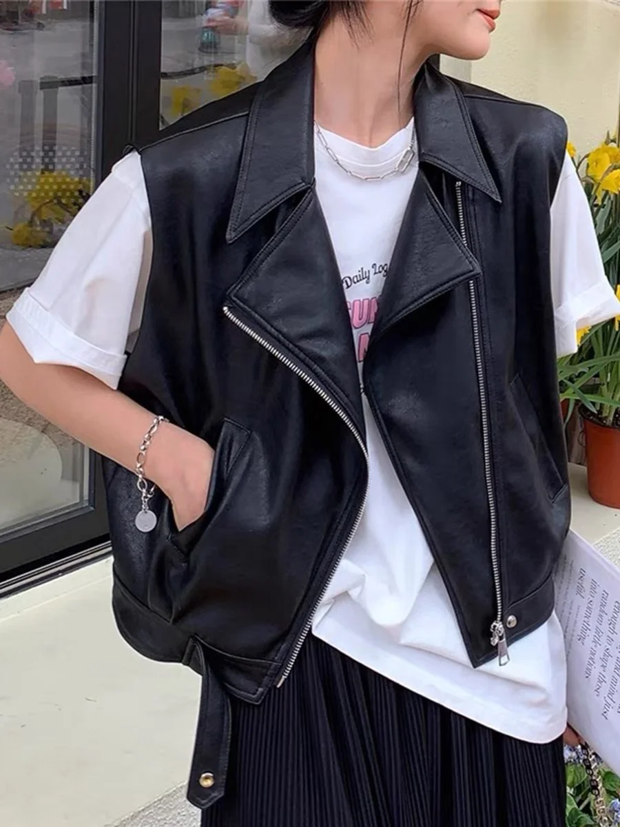 

Модная кожаная куртка без рукавов с воротником на молнии в европейском стиле, женский дизайнерский жилет, осень 2023