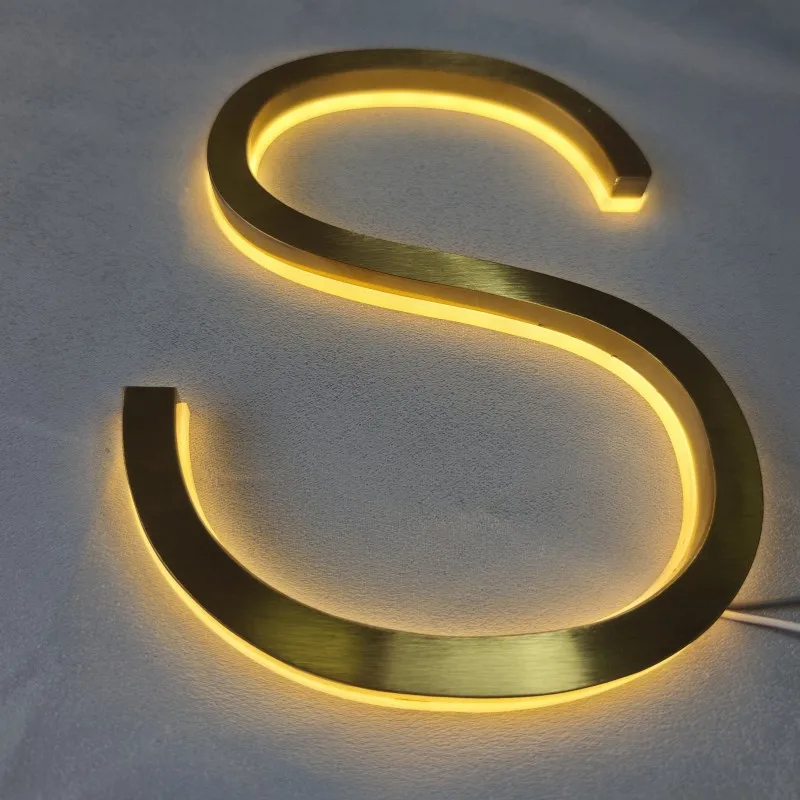 3D Backlit Logo Exterieur Winkel Front Goud Roestvrij Reverse Channel Teken Led Licht Verlichte Business Logo Letters