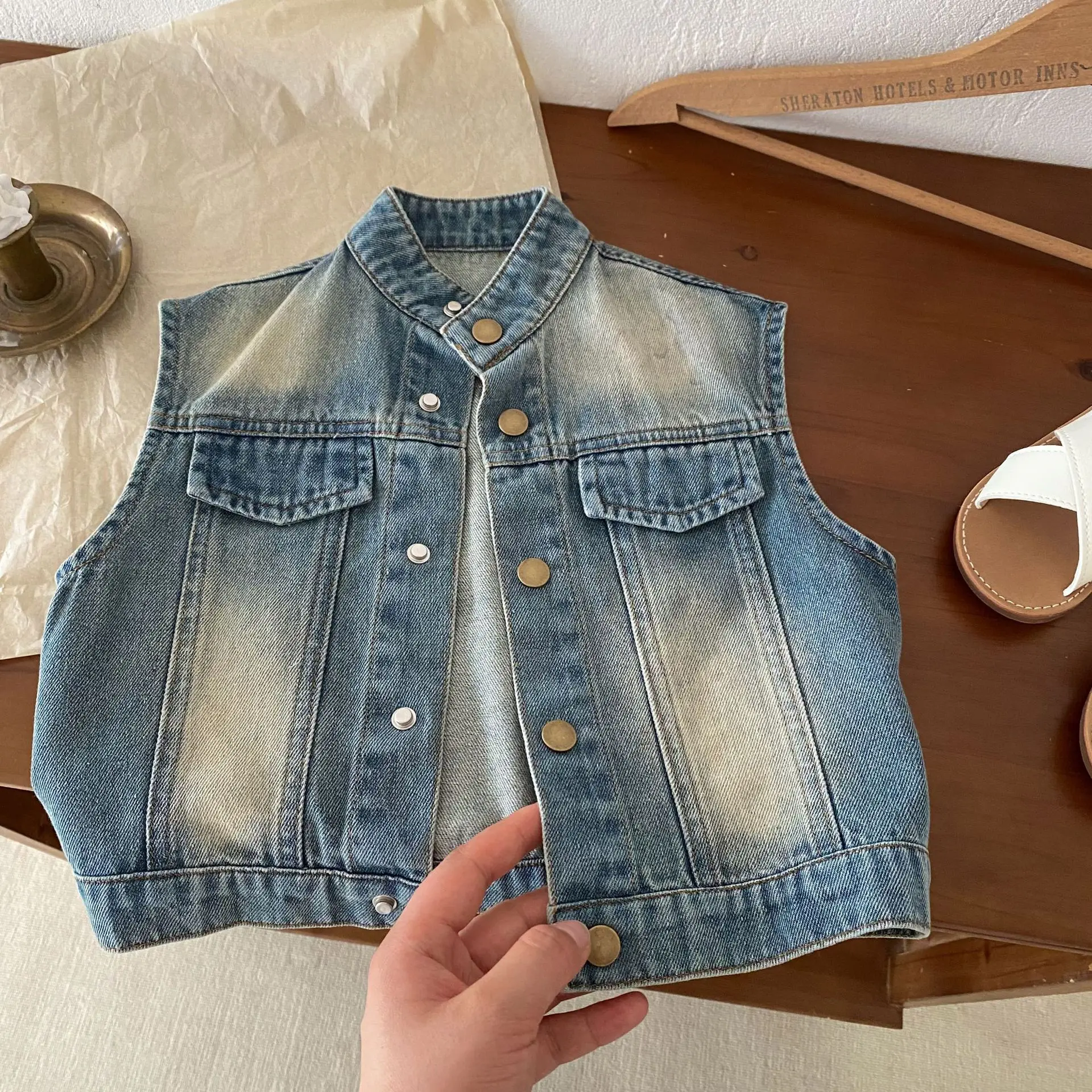 2024 Autumn New Children Denim Vest Solid Fashion Boys Sleeveless Jacket Baby Girls Versatile Cardigan Coat Kids Toddler Clothes