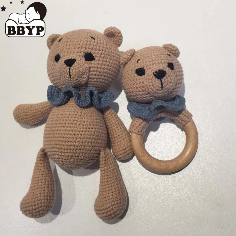 Handmade Novelty Knitted Crocheted Bear Toy and Rattle for Kids Crafts Gift Crochet Animals Birthday Dolls Sleeping Dolls