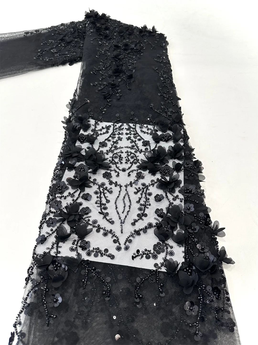 2024 Latest African 3D Beads Lace Fabric Dubai Sequins Tulle Lace Fabric Embroidered Applique Nigerian Fabric For Sewing Dress