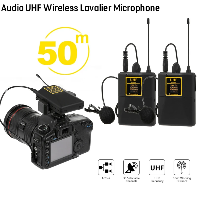 Microfono lavalier wireless UHF audio con 30 canali selezionabili Portata 50 m per registrazione dal vivo di interviste con fotocamera DSLR