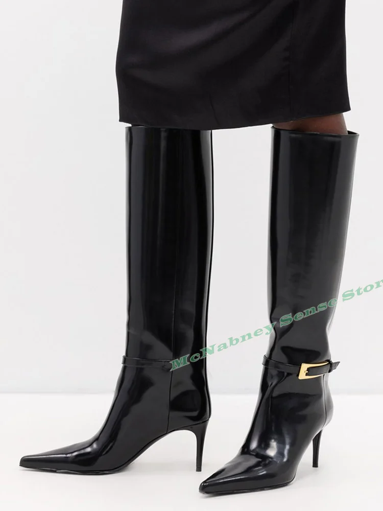 Metal Buckles Straight Boots Pointy Toe Shiny Leather Knee High Boots Slip On Solid Thin High Heels Winter Party Designer Shoes