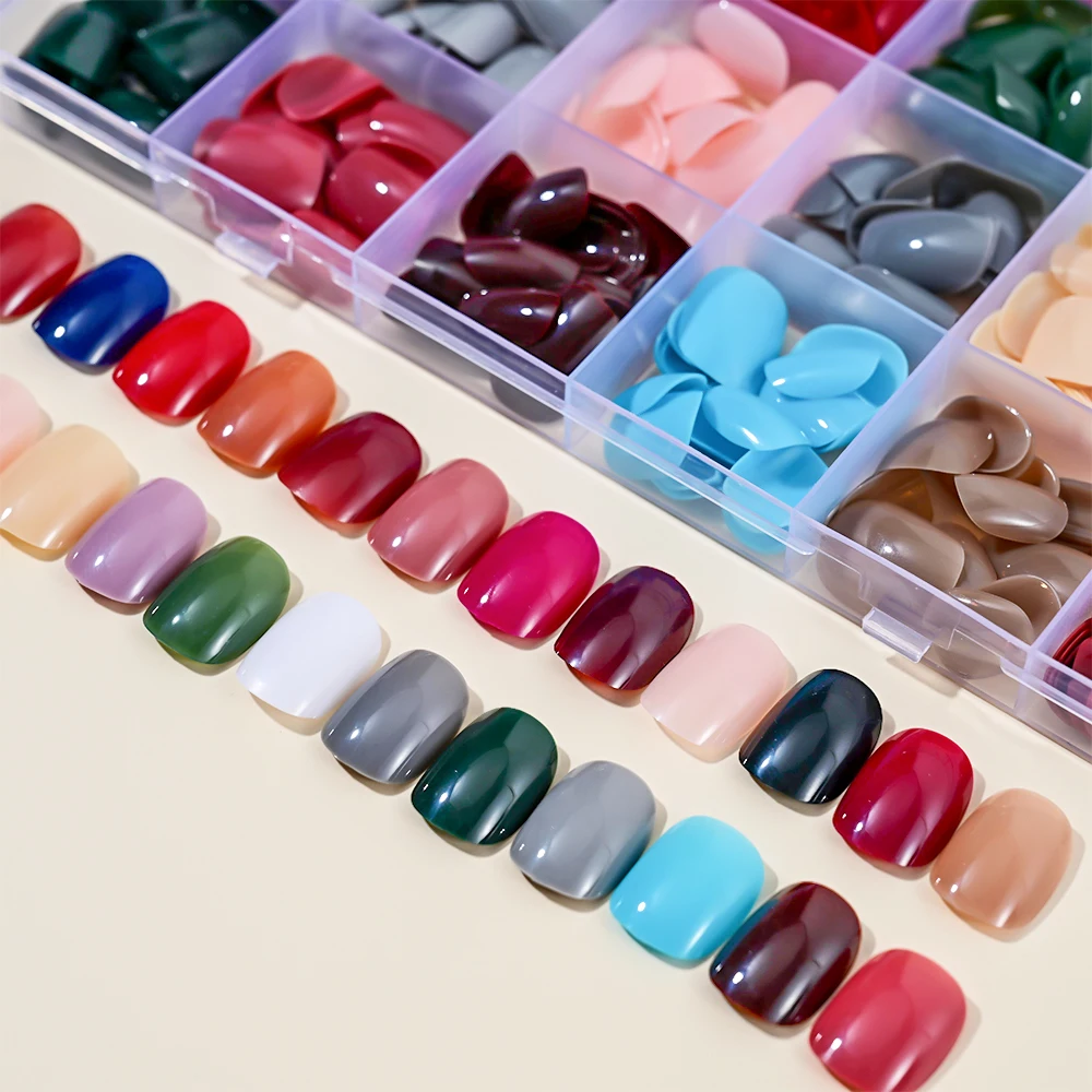 576pcs Short Round Square Fake Nails Glossy 24 Solid Colors Press on Nails Full Cover Artificial  Fingernail False Nail Tips #XS