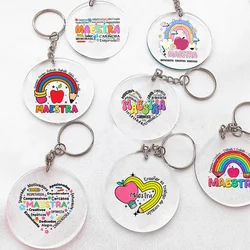 Back To School Gift Keychain Spanish Maestra Acrylic Keychain Cute Rainbow Pencil Pattern Keyring Pendant Decoration