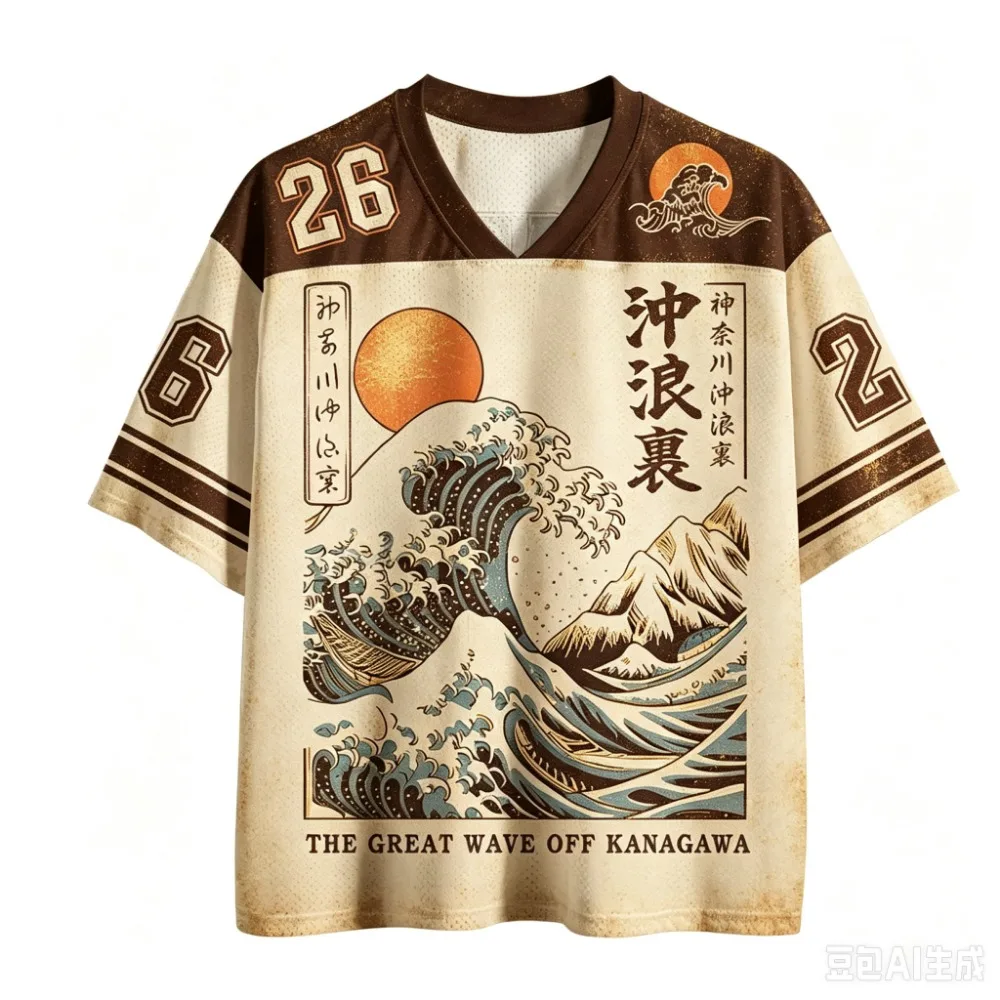 Retro Japanese Ukiyo-e Wave 3D Print Sport Quickdry Breatha Men V-Neck Plus-sizeT-shirt Outdoor Fashion Hip-Hop Y2K parent-child