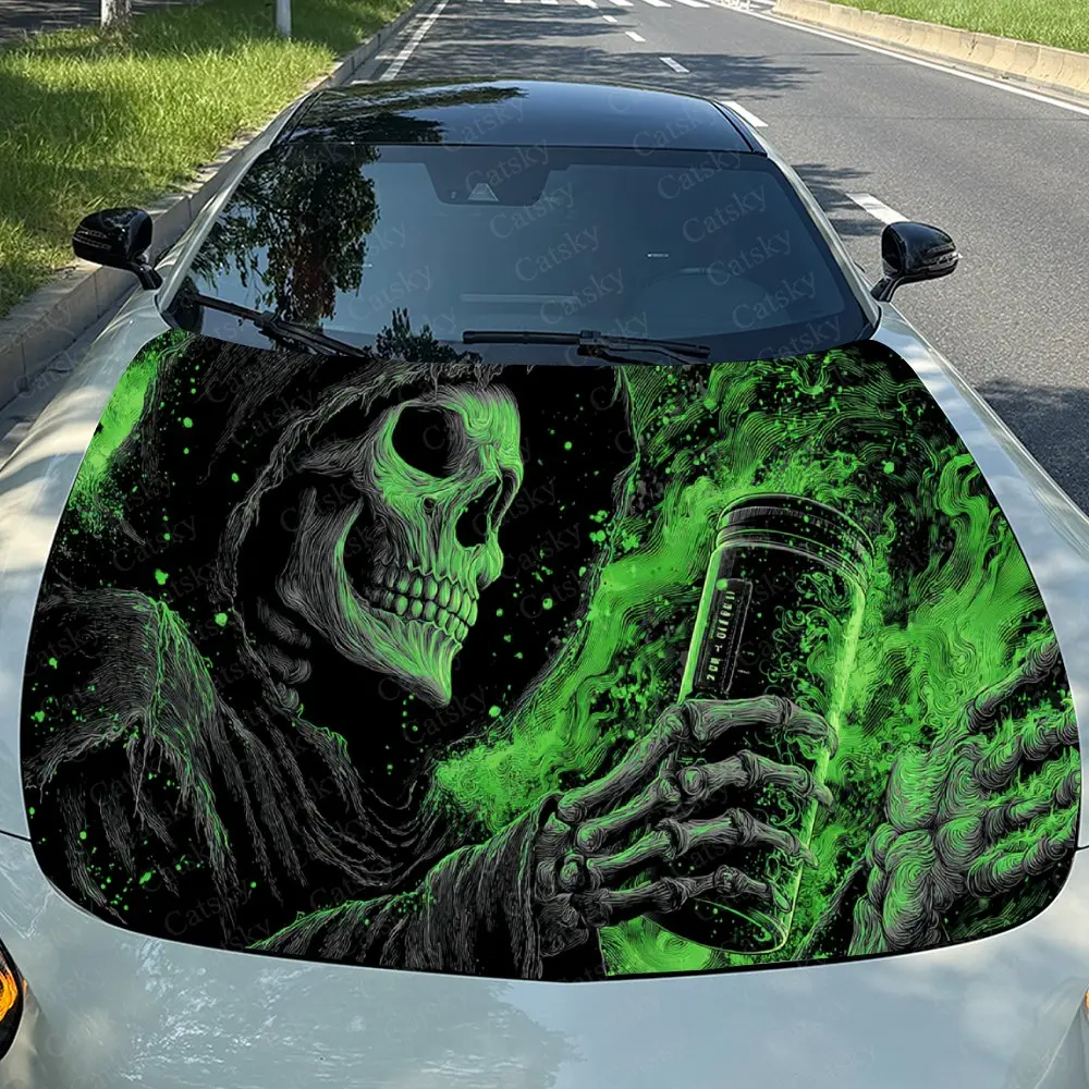 Car Decal Grim Reaper with Glowing Green Element in Dark Gothic Design, Creating a Bold and Mysterious Visual Car Hood Sticker,