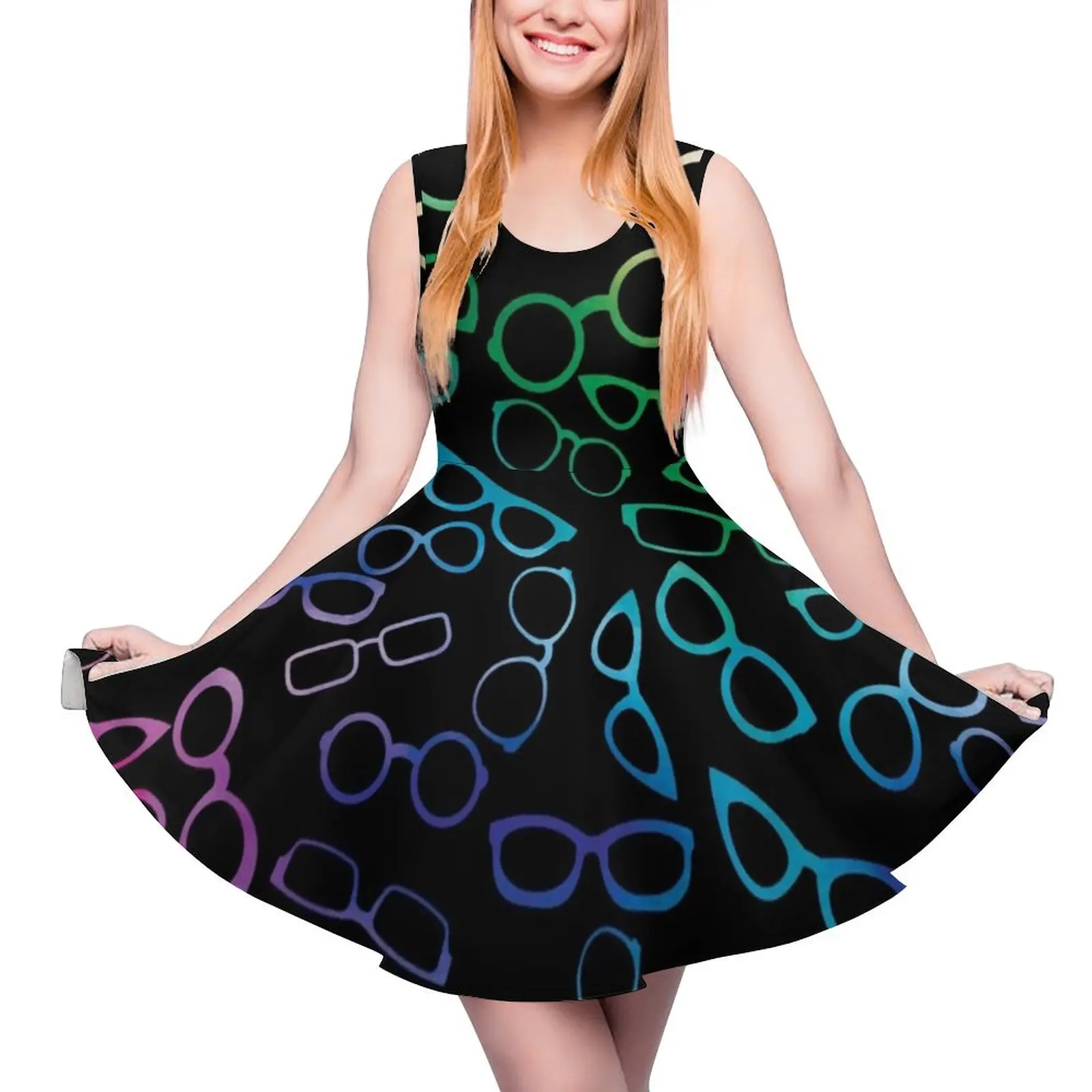 Various Shaped Eyeglasses Pattern - Tie Dye Sleeveless Dress Women