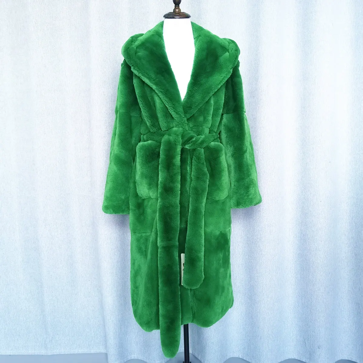 Imagem -04 - Inverno Novo Real Rex Pele de Coelho Grama Cabolsa de Pele Natural Longo Feminino Wear Verde 2023