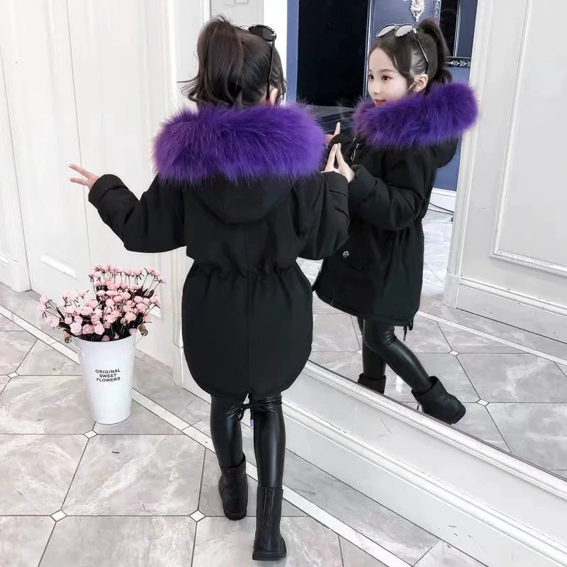 Girls Padded Parkas Winter Thickened Coat With Large Fur Collar Boys Warm Plus Velvet Outerwear Children's Zip-Up Cotton Clothes