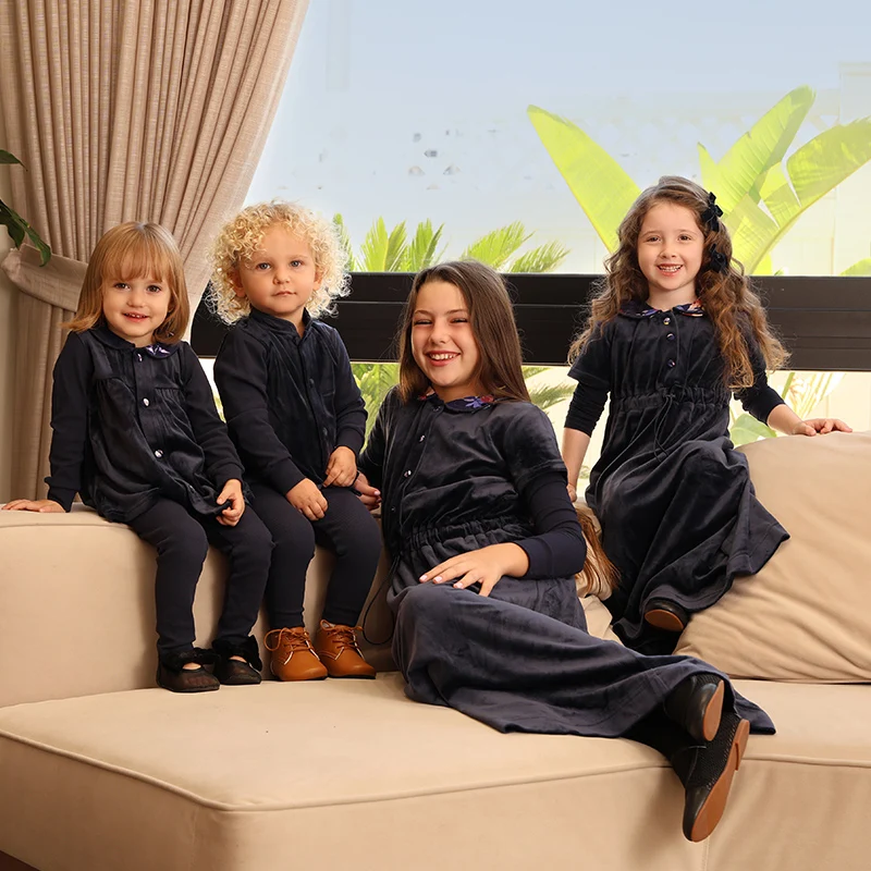 Family shabbos velvet set girls dress matching t shirt baby 2 pieces set long sleeves children clothes floral collar and buttons