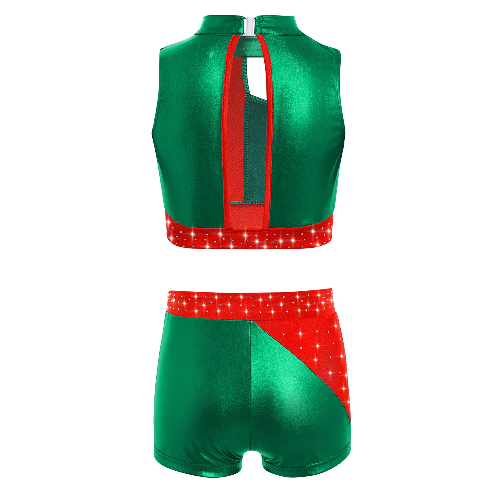 Kids Girls Gymnastics Acrobatics Dance Performance Outfit Sleeveless Shiny Rhinestones Metallic Crop Top with Shorts Dance Sets