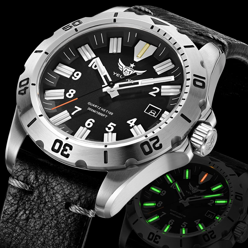 YELANG 42MM V1036 Men Quartz Watch Luminous 10 Years Lithium Movement Rotated Dial 30ATM 300m Waterproof Military Style Watches