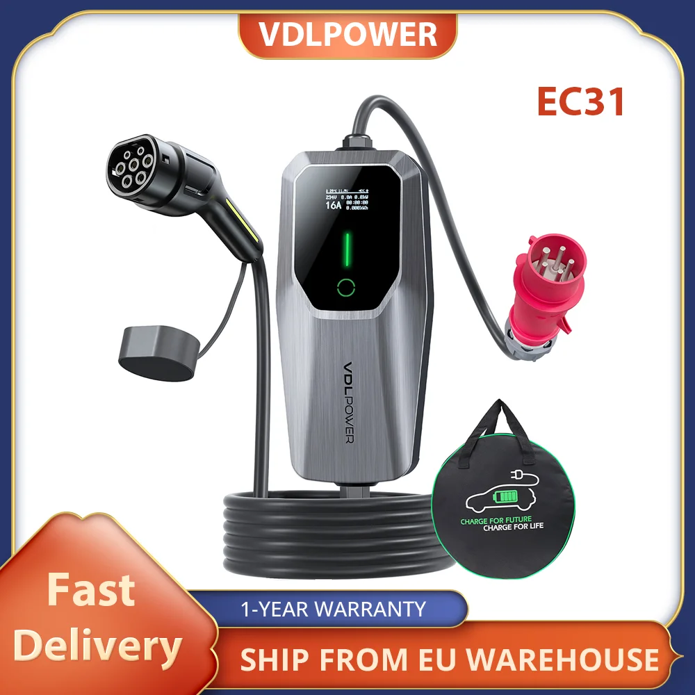 VDLPOWER EC31 Portable EV Charger, 11KW Fast Charging, 5m Charging Cable, 6A-16A Adjustable Current, Type 2 CEE 3-Phase Socket