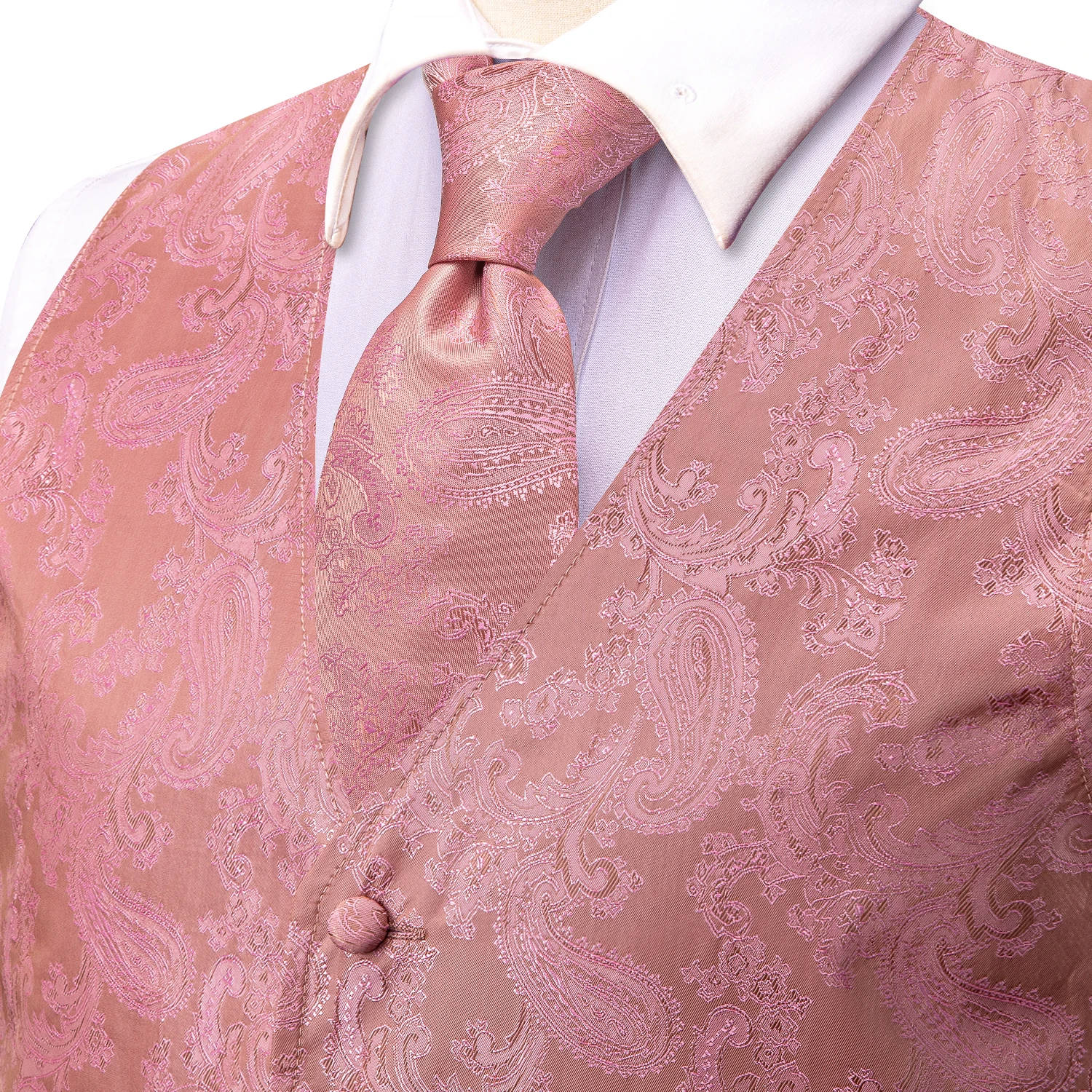 Hi-Tie Silk Mens Suit Vests 4PC Woven Paisley Pink Waistcoat Tie Pocket Square Cufflink Business Wedding Dress Waist Jacket