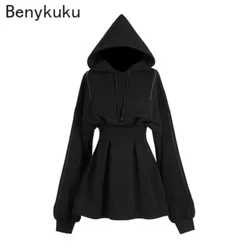 Gothic Girls Punk Mini Sweater Dress Autumn Winter Women Streetwear Hooded Long Sleeve Hat Collar Sexy Black Fashion Hoodies
