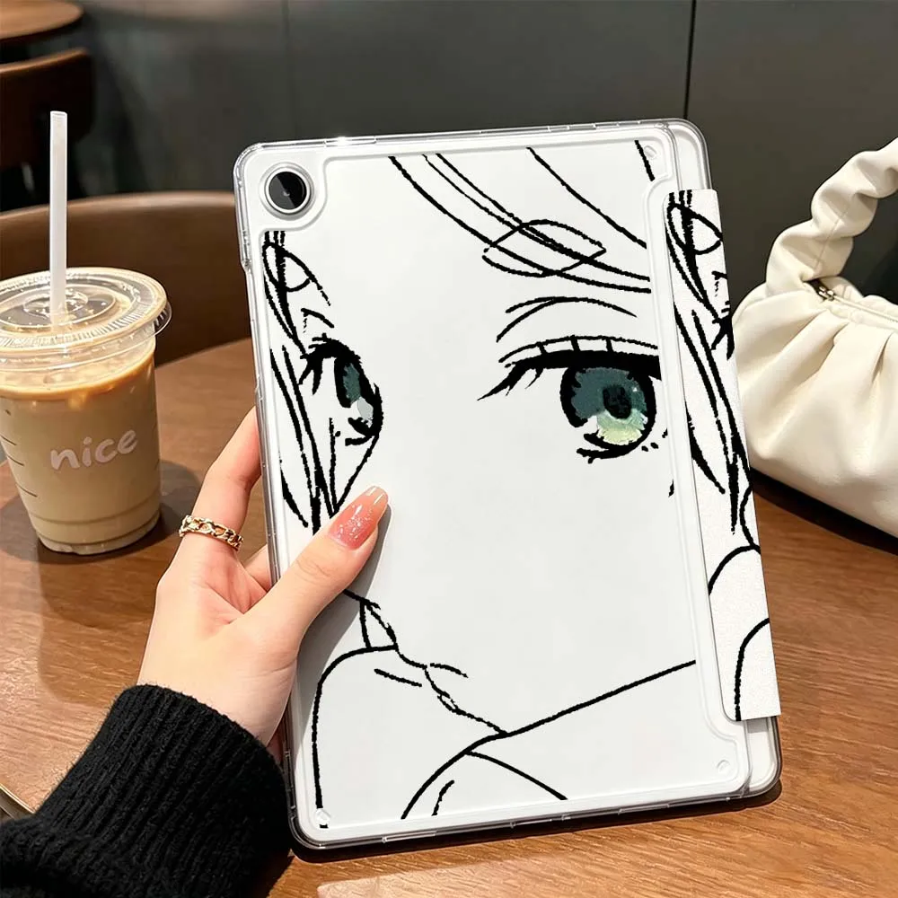 Anime Girl Black Outfit For Samsung Galaxy Tab A9 A8 A11 S6 S7 S8 S9 S10 FE Plus Lite Transparent Y-Shaped Folding Tablet Case