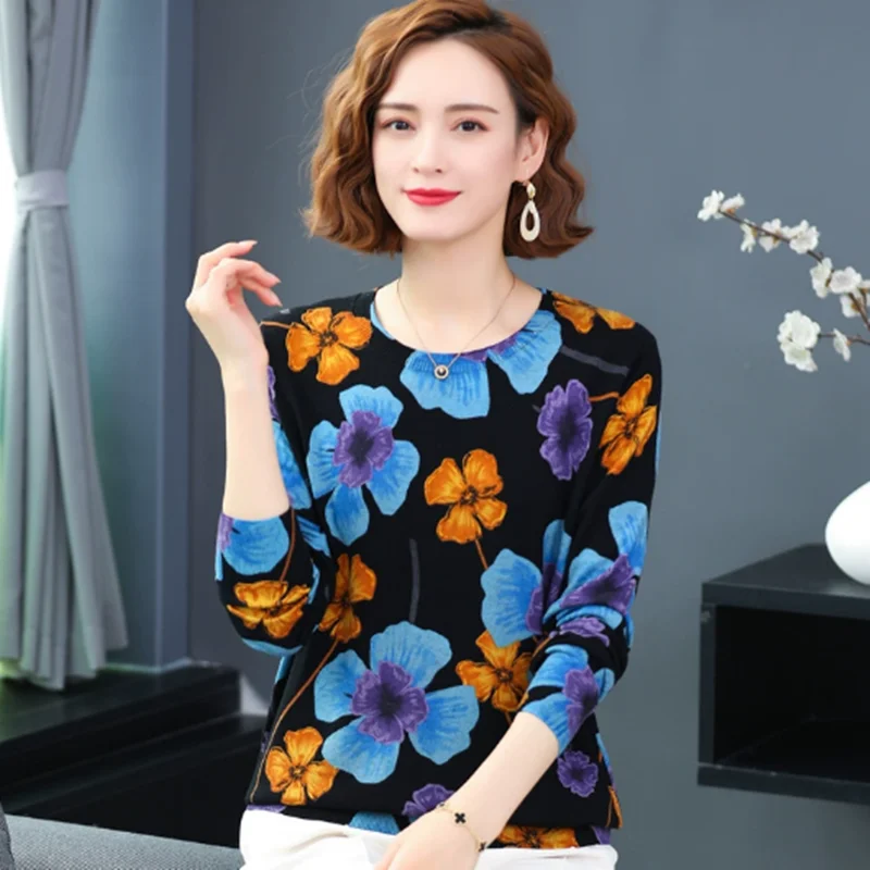 Retro damestrui met ronde hals en bloemen, losse trui 2025, vroege herfst, bedrukte trui, top, grote maten, gebreide dameskleding
