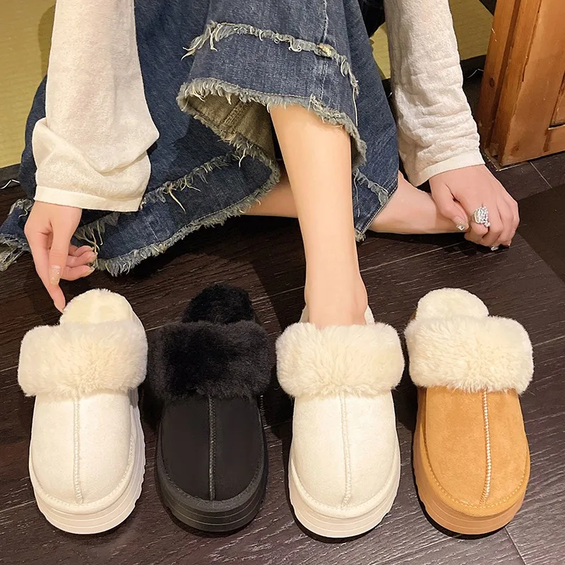 

Winter Shoes Women Slipper Warm Short Plush Casual Home Cotton Shoes Comfortable Warm Flats Mules Women Fur Platform Slipper