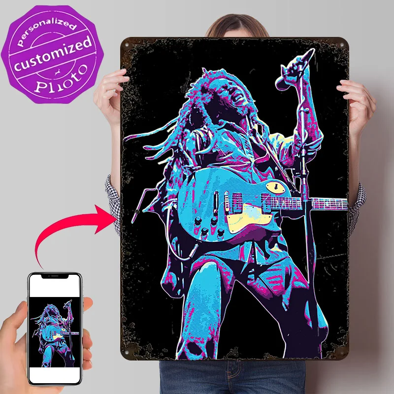 Image of Bob Marley Gitarren-Kunst 3D-Gedrucktes Textur-Poster Personalisierte Wandkunst Retro Metall-Blechschilder für Raumdekorationen Männer-Heimdekoration