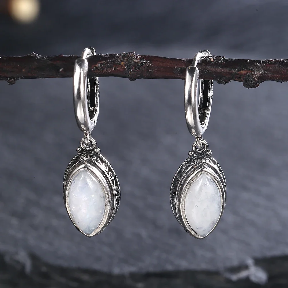 Natural Moonstone Pendant Earrings Silver Plated Jewelry for Women Fashion Retro Texture Wedding Party Accessories Gift