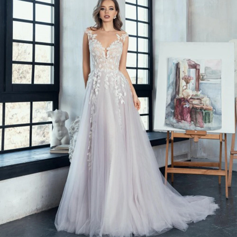 Sexy Backless Wedding Dresses Crew Neck Appliques Tulle Beach Bridal Marring Customizable Gowns Season's New Multi-Sizes