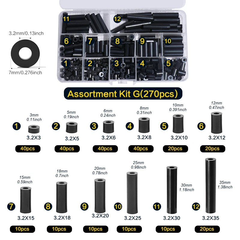 270Pcs, Black ABS Round Spacers ID 3mm, OD 7mm, Length Ranges from 3mm to 35mm, Non-Threaded Outlet Screws