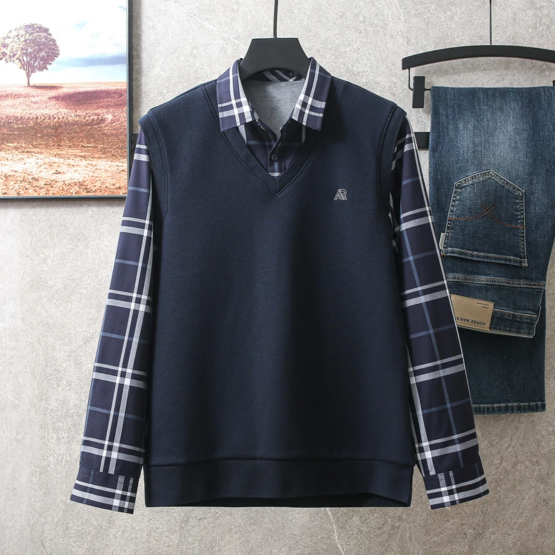 

Thiened Fce Men's Knitwear Autumn Winter Sle Casual irt Collar Fake Two-Piece Design Long Sve Cotton Polyester Blend