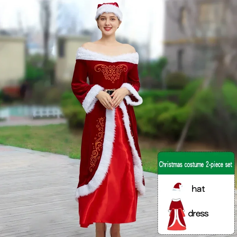 

Новые изысканные рождественские костюмы для взрослых мужчин и женщин, золотая бархатная ткань COS Санта-Клауса, праздничные костюмы для вечеринок