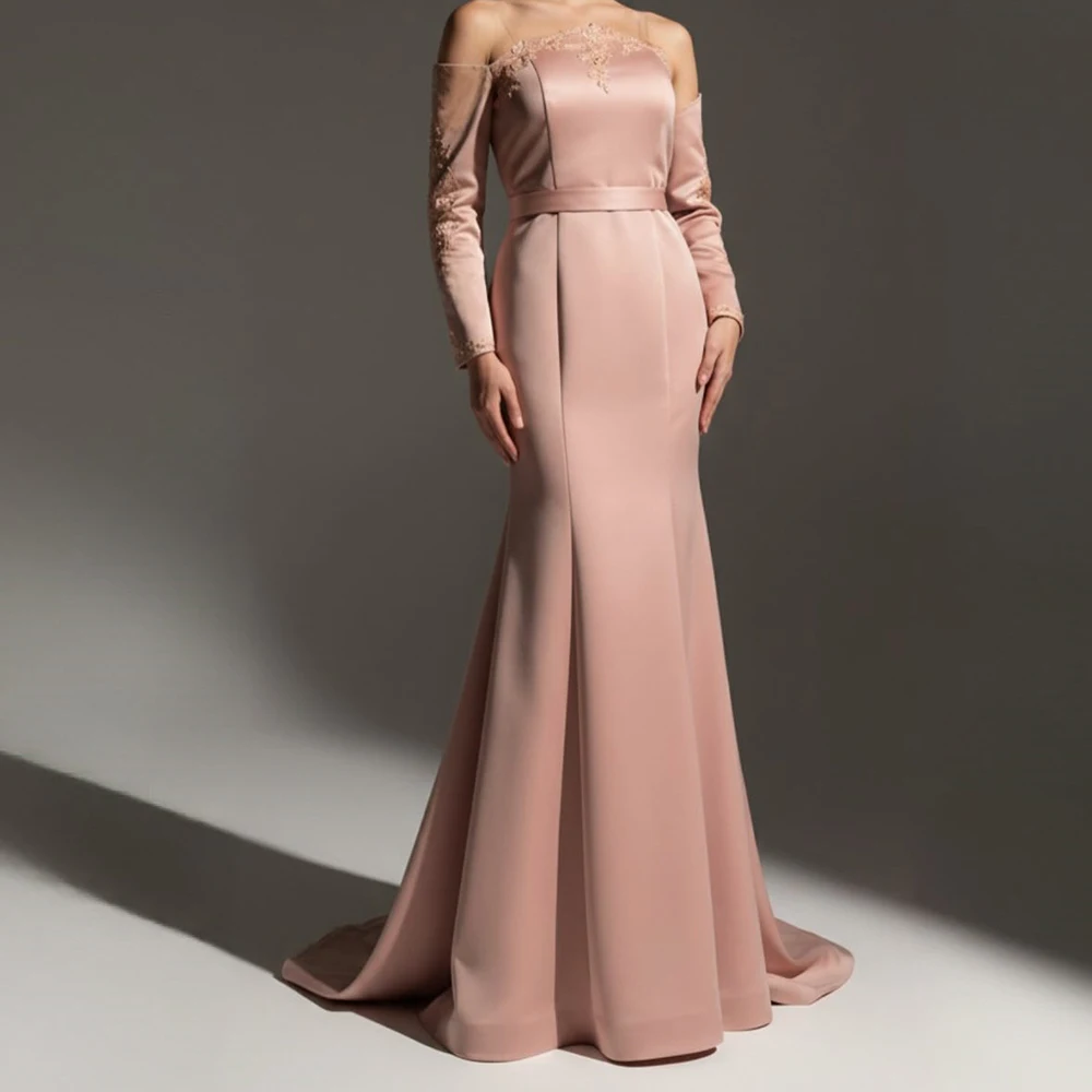 

Customized Mermaid Evening Dresses Floor-length Off The Shoulder Full Sleeve Prom Gown Fashion Sequined Flowers Party Gown