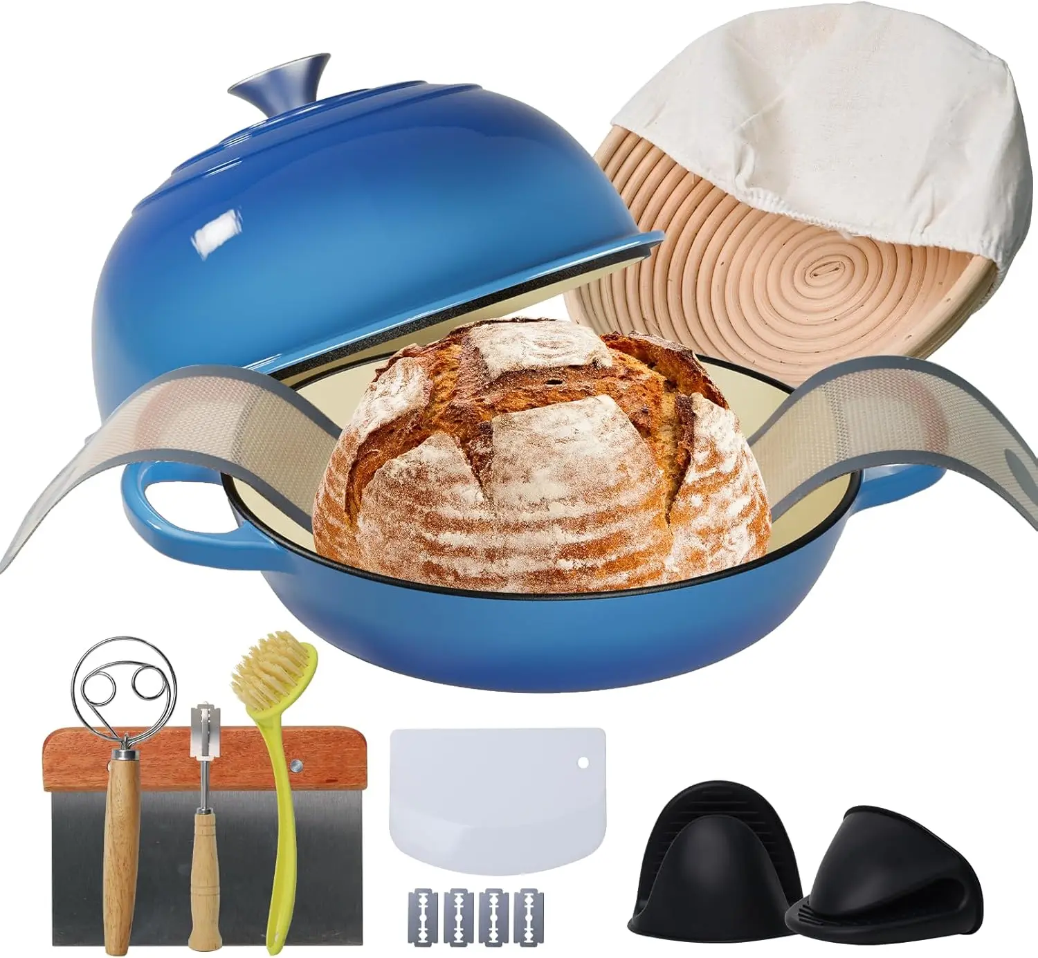 

Cast Iron Bread Oven for Baking, 6QT Multi-Functional Dutch Oven Pot with Lid, Include Proofing Basket, Silicone Sling & Dough W