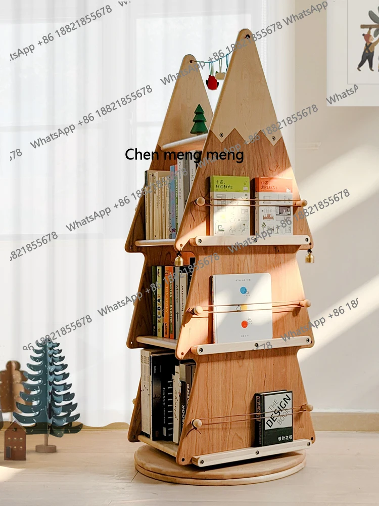 

S7486 ss GY Christmas Tree Rotating Bookshelf All Solid Wood 360 Degrees Multi-Layer Bookcase Storage Children Picture Book Rack