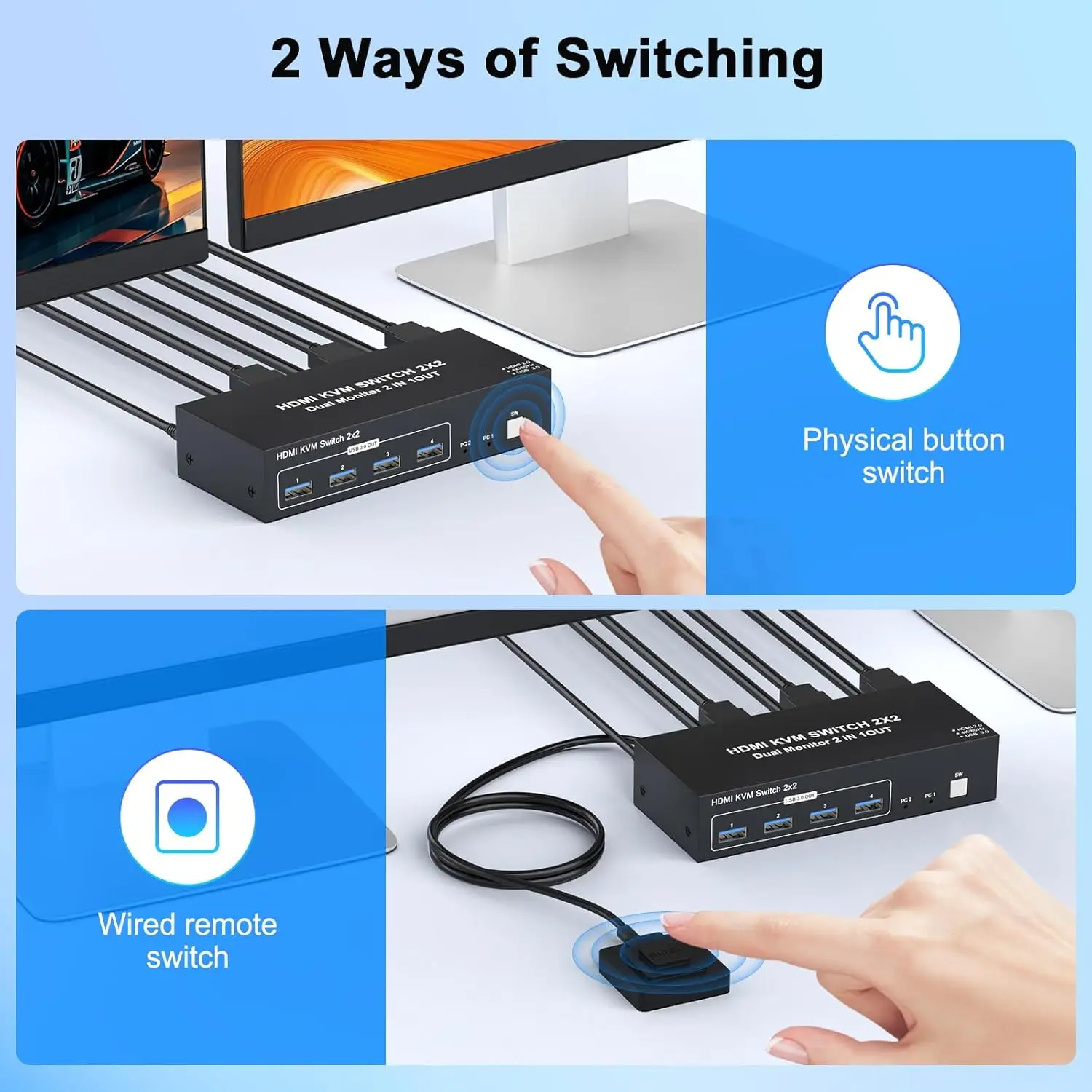 4K 60Hz Dual Display HDMI KVM Switch 2 in 2 out vs HDMI Displayport USB KVM 2x2 Extended/Copy Mode for 2 PC Share dual Monitors
