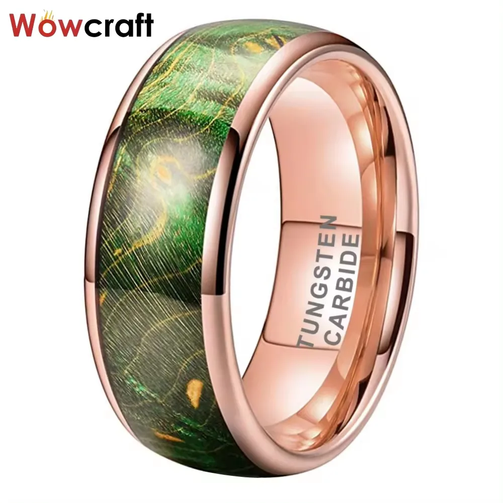 Green Dyed Elder Wood Inlay Domed Polished Tungsten Carbide Rings for Men Women Wedding Bands Comfort Fit