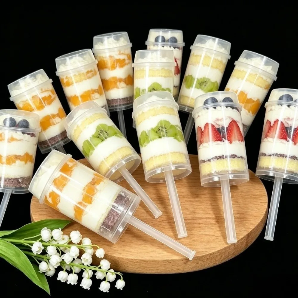 10pcs Simple Transparent Push Cake Holders Cylinder Shaped Reusable Small Cake Mold With Lids Plastic Push Cake Pops Weddings