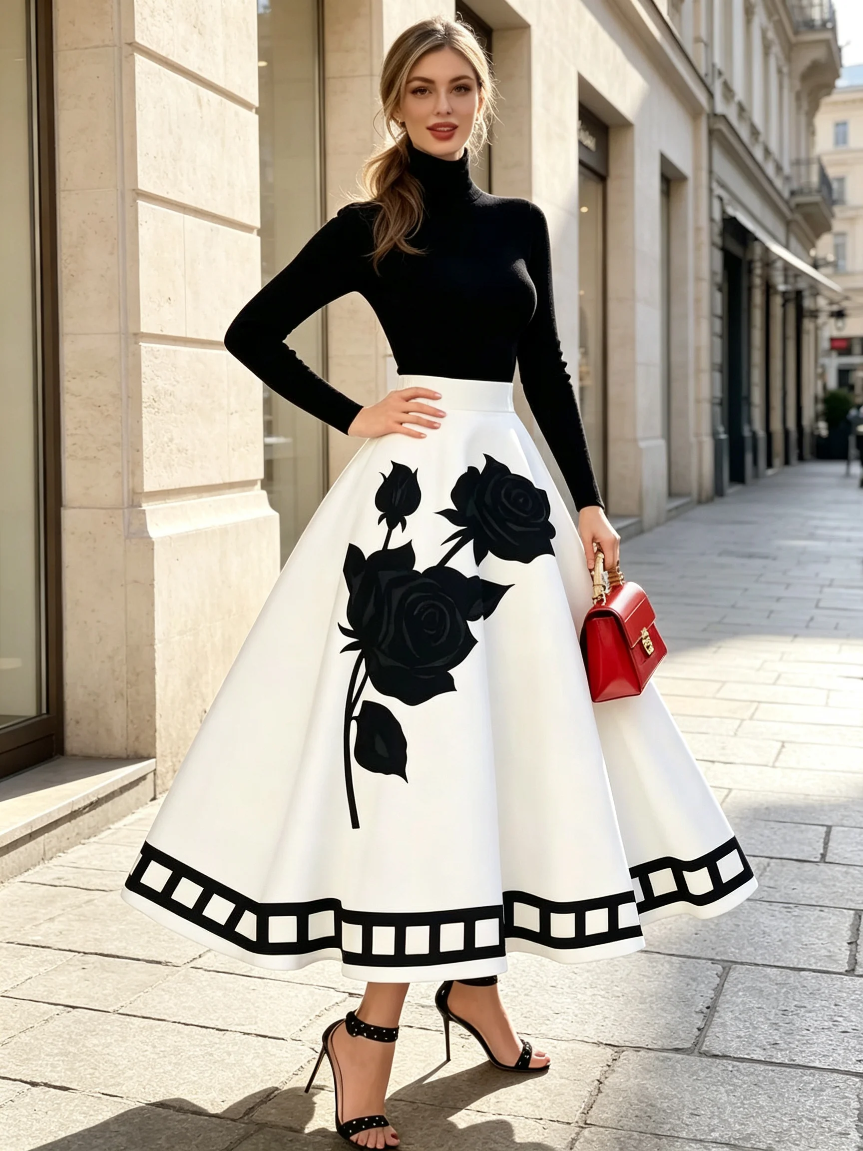 Printed Design Four Seasons White Skirt Black Rose Holiday Style Half Skirt