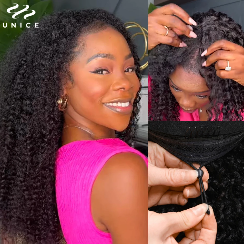 UNice Hair Kinky Curly V Part Wig With Elastic Drawstring 100% Human Hair Upgrade V-Part Wig No Glue No Gel Most Natural Install